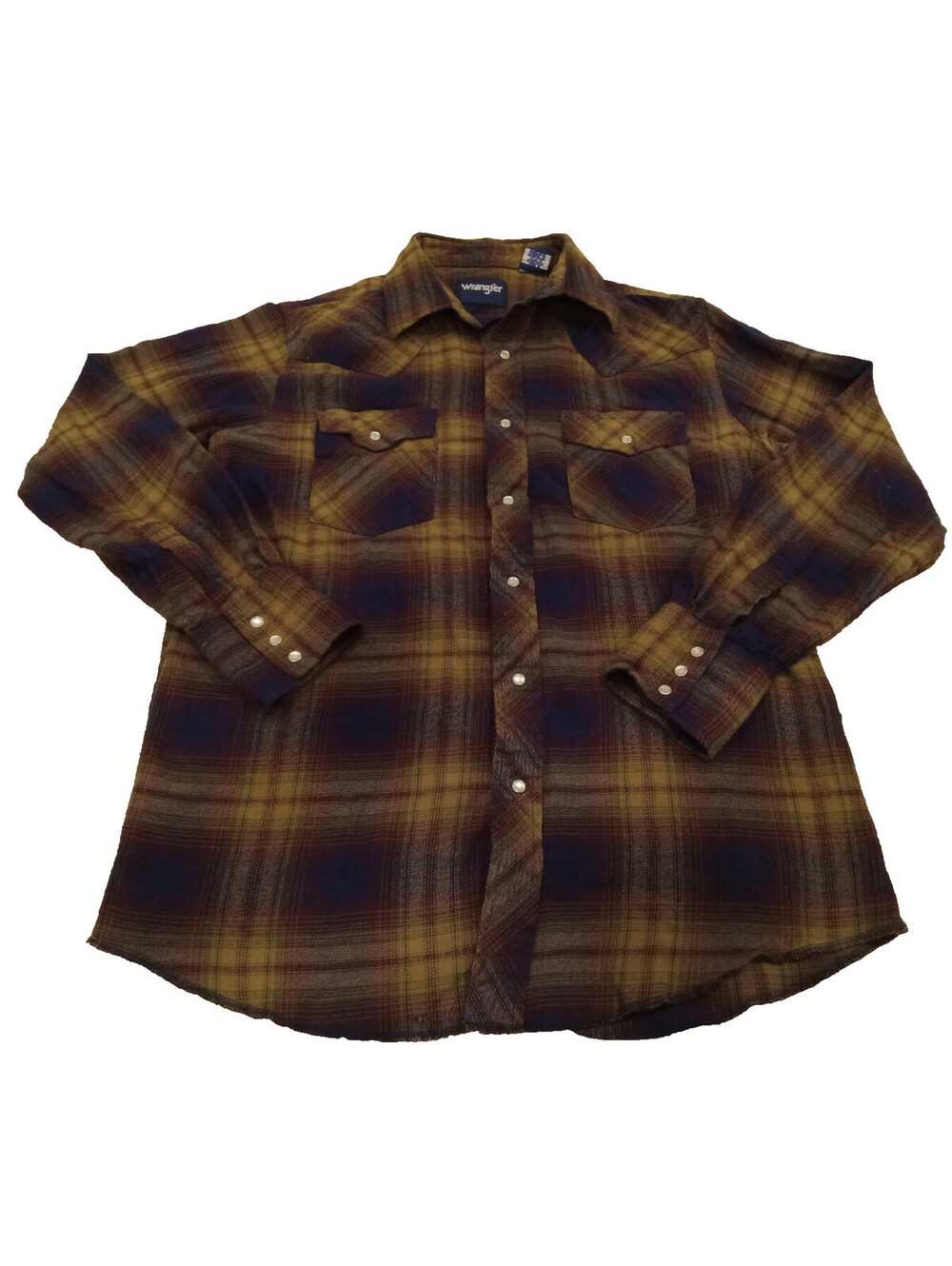Vintage Wrangler Western Shirt Mens Medium Brown Blue Yellow Plaid Pearl Snap M